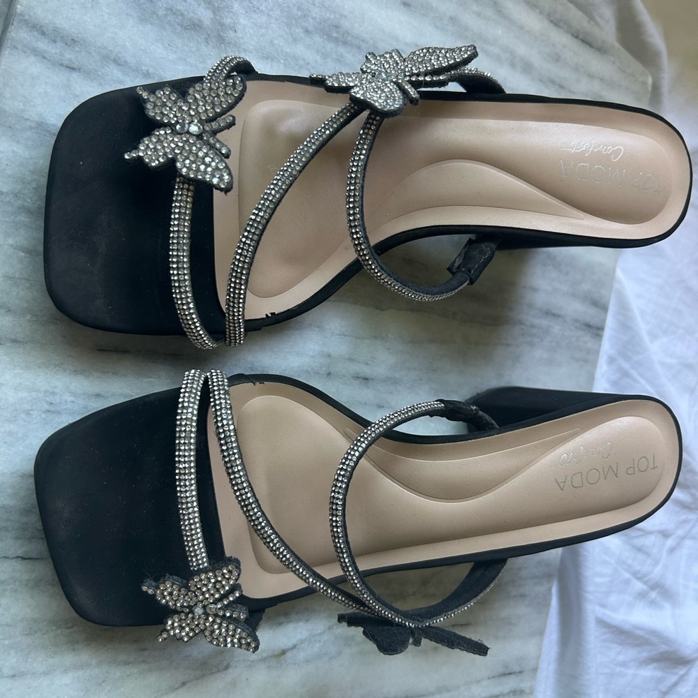 TOP Moda Black and Silver Heels with Rhinestone Embellishments